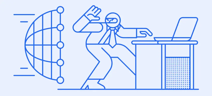 Illustration of a man being detected while trying to steal a computer