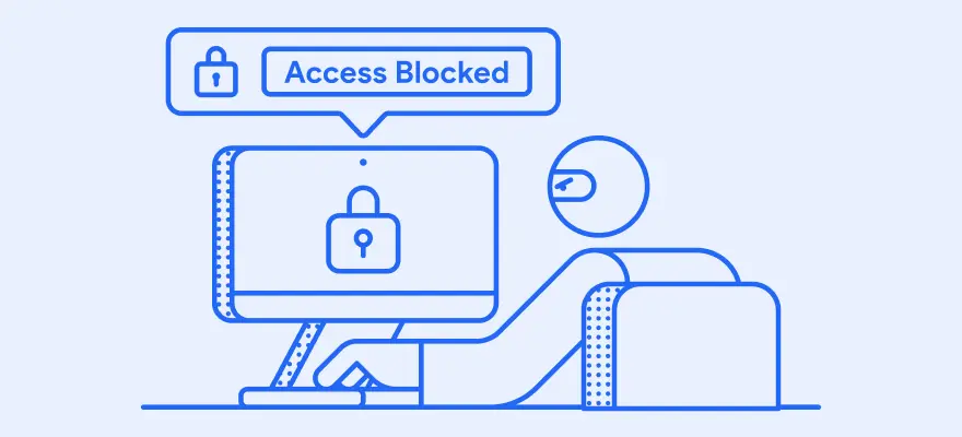 Illustration of a computer with a lock on the screen and a man trying to access