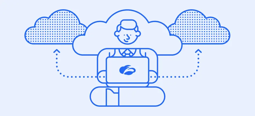 Illustration of a man working on a laptop while connecting to the cloud