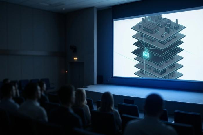 A darkened conference session room with attendees facing a projection of a layered industrial facility, where network connections pass through a single checkpoint between two layers. A darkened conference session room with attendees facing a projection of a layered industrial facility, where network connections pass through a single checkpoint between two layers.