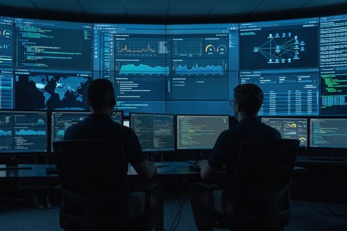 Workers scan alerts in a security operations center. Workers scan alerts in a security operations center.