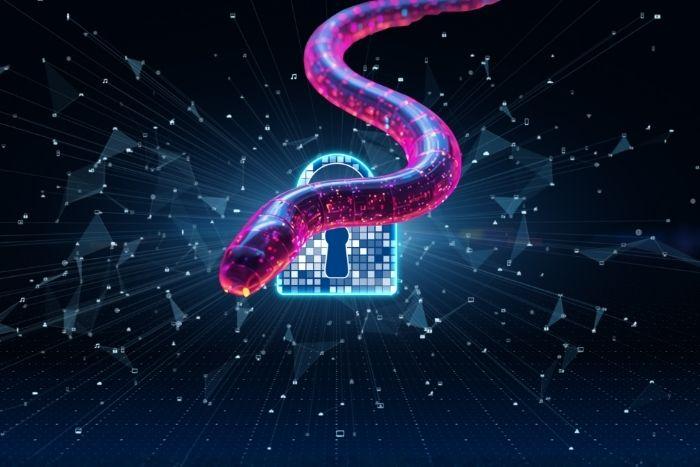 Shai-Hulud Campaign Evolution: Miasma, Hades, and AI Scanner Evasion A large, purple digital worm taking over a lock.
