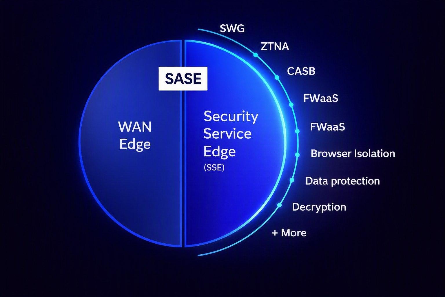 SASE infographic that shows how SASE is comprised of WAN and SSE technologies, which include SWG, ZTNA, CASB, FWaaS, and other features.
