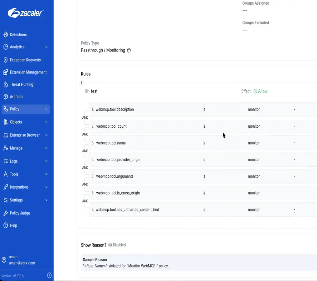 Policy: Monitor WebMCP. The user asks the in-page agent about their cart; the agent invokes get_cart; the console records the full tool call with device, geo, and captured WebMCP attributes.