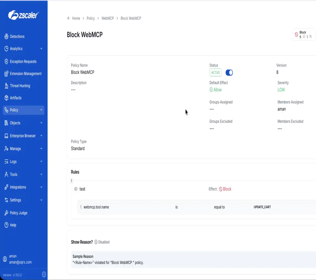 Policy: Block WebMCP, rule matches tool.name == update_cart. The agent’s attempt to modify the cart is blocked; the block is reflected in the agent’s reply and in a new detection in the admin console.