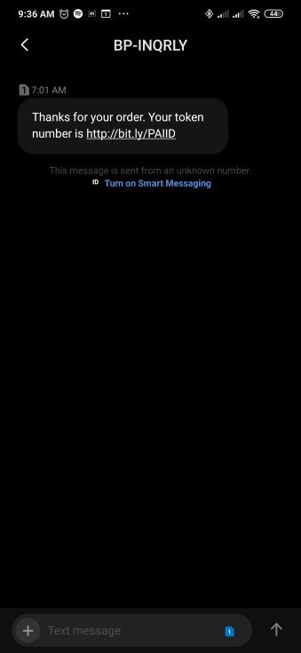 Smishing Message sent to Android device.