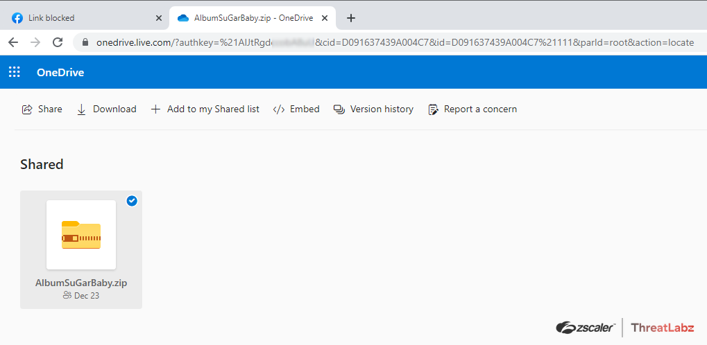 Fig 3: Onedrive link to download a malicious zip file