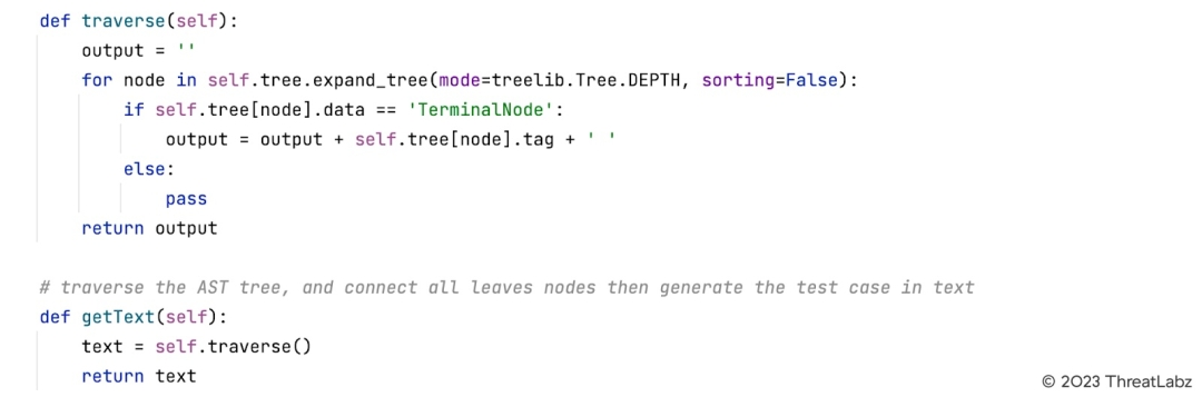 Figure 7. Code to traverse the parse tree and obtain the character stream of all terminal nodes