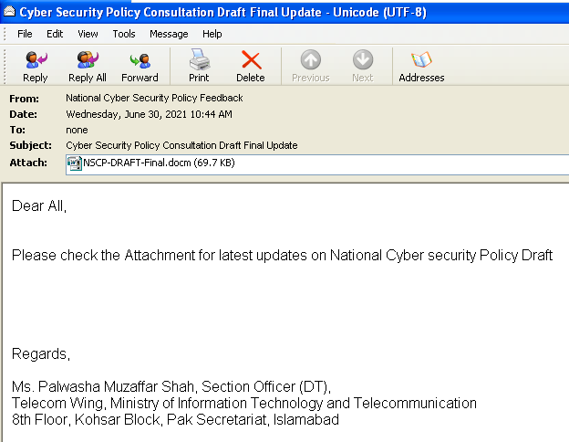 Spoofed email from <feedback.ncsp@moitt.gov.pk>