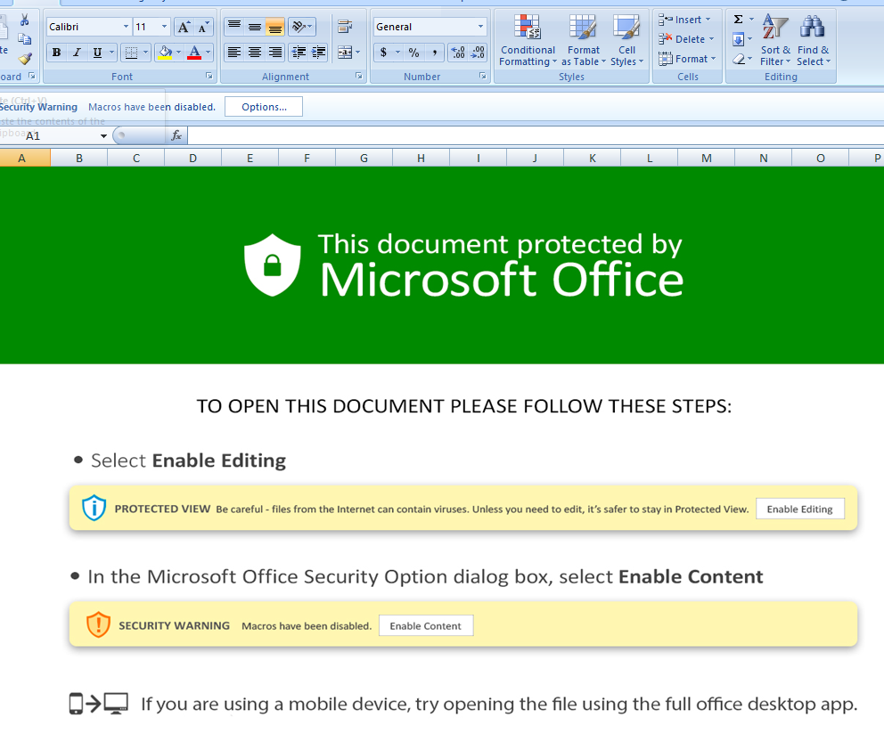 Figure 6: Microsoft Excel with a malicious macro used to deliver Squirrelwaffle