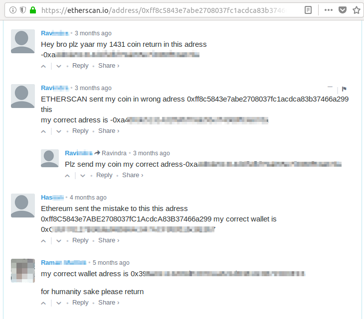 Victim’s comments on etherscan.io