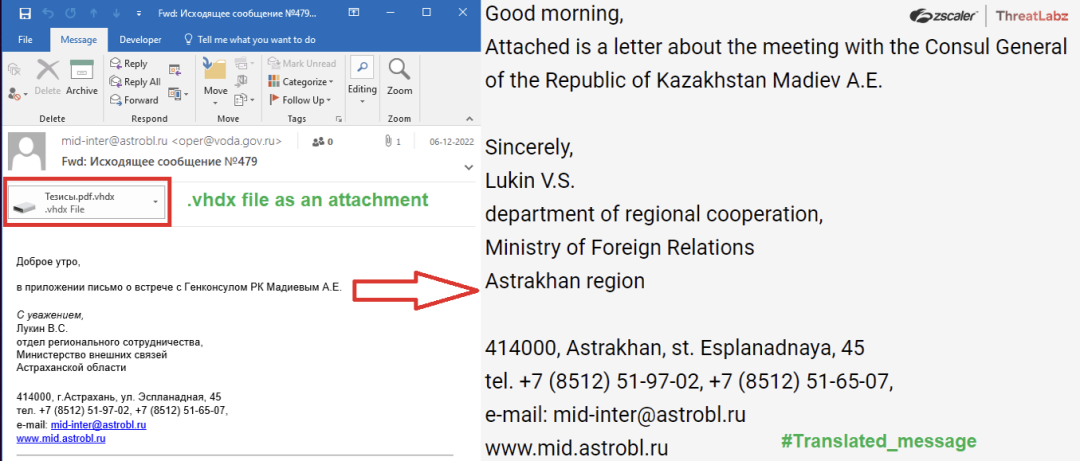 Fig. 2 - Screenshot of a phishing email targeting Kazakhstan officials with malicious .vhdx file attachment designed to launch an AveMaria infostealer attack