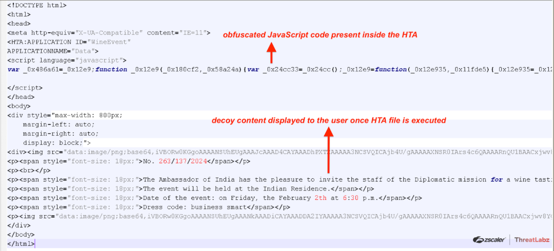 Figure 3: Obfuscated JavaScript code inside the HTA file.