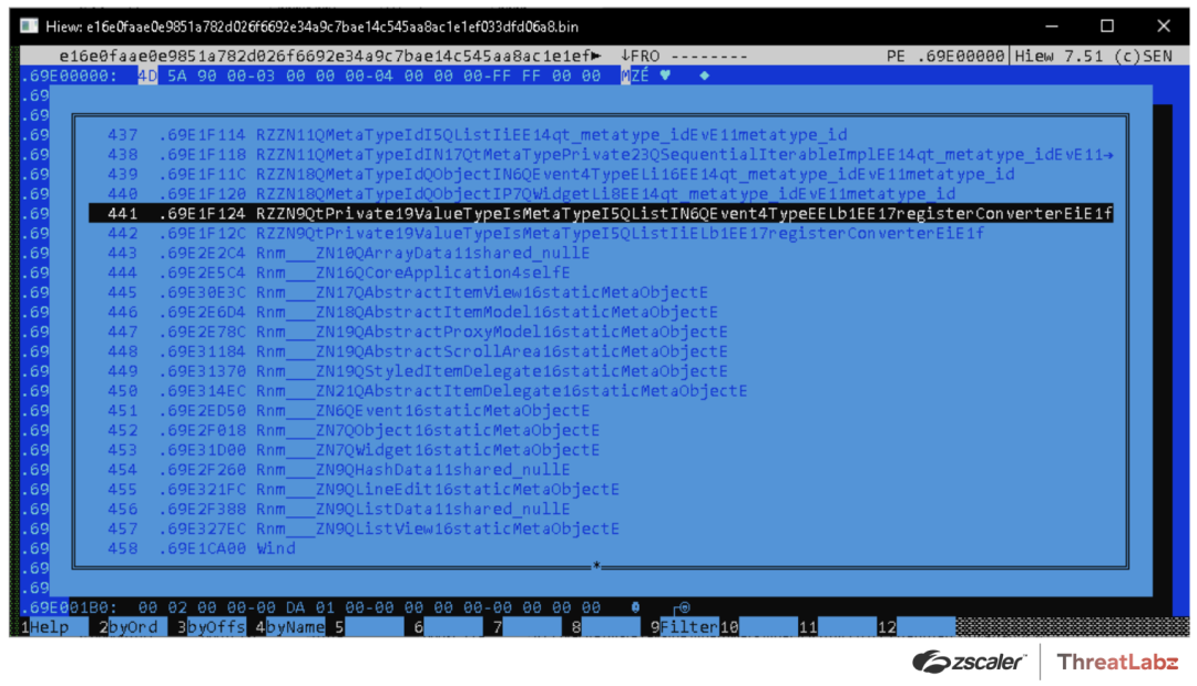 Figure 6. Qakbot 404.510 sample with 458 entries in the exports directory
