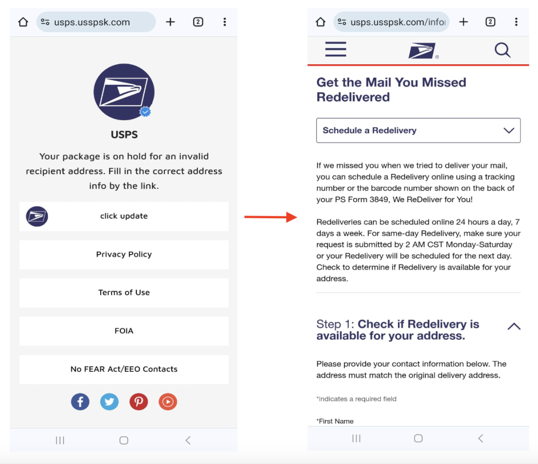 Figure 3: Fake USPS page displayed on a mobile device