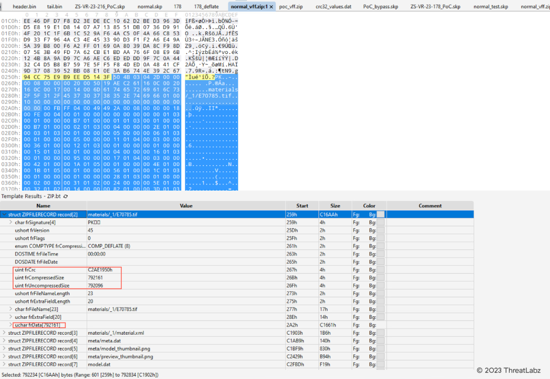 Figure 4: Analyzing the zip file embedded in the SKP file using the ZIP template in 010 Editor