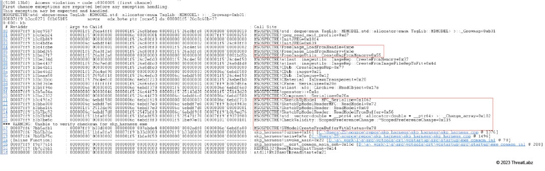 Figure 25: The stack backtrace of an SKP PoC file with an MFC type