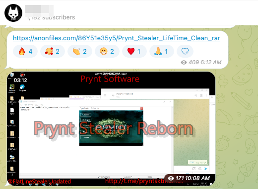 PryntStealer offered for free on a cybercriminal Telegram channel