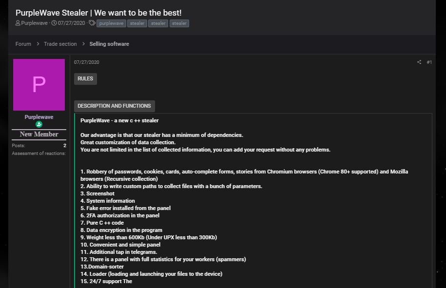 PurpleWave selling post on the Russian forum
