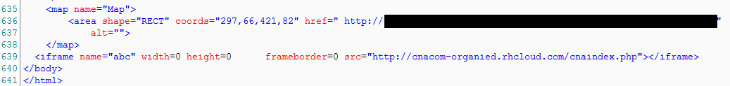 The injected iframe found on the compromised site