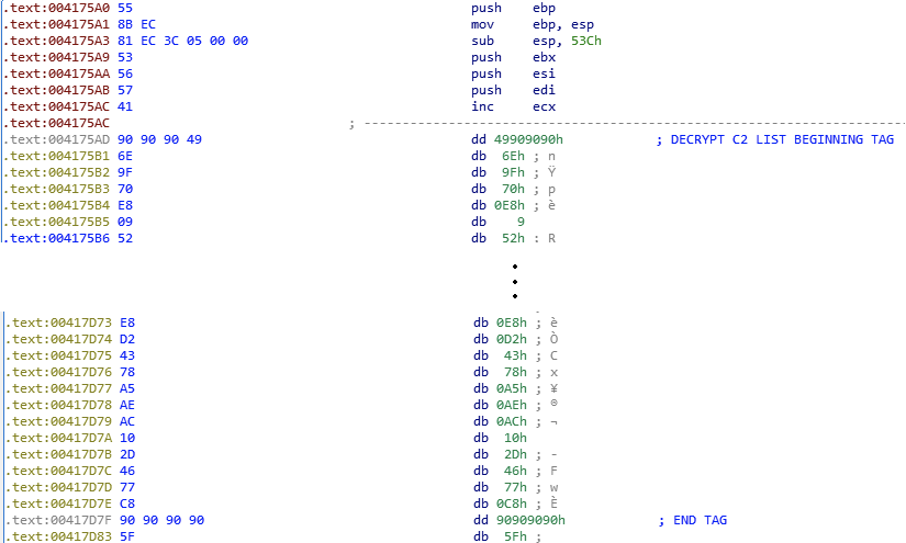 Encrypted Xloader code in earlier versions