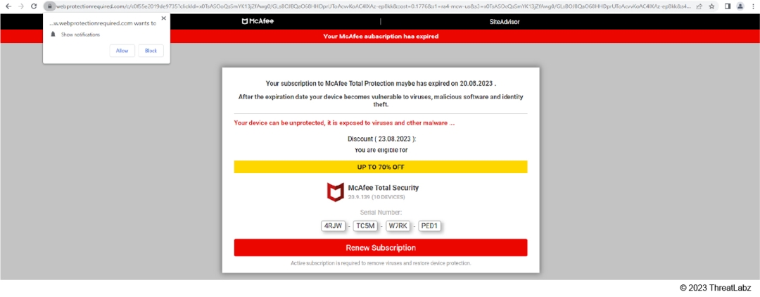 A deceptive McAfee-themed webpage falsely indicating that the user's system is vulnerable to virus infections and offering a discount.