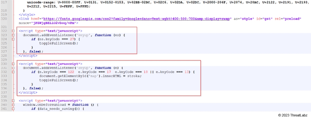 Screenshot of JavaScript code disabling features.