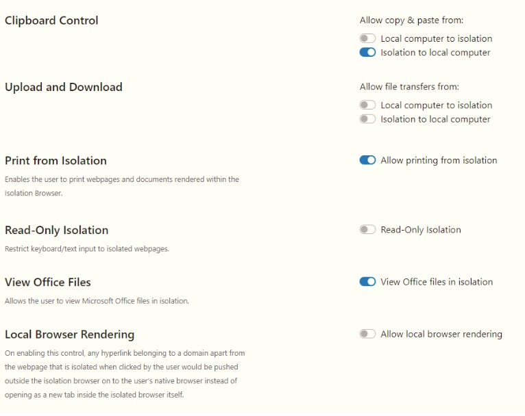 Example zero trust isolation policy controls