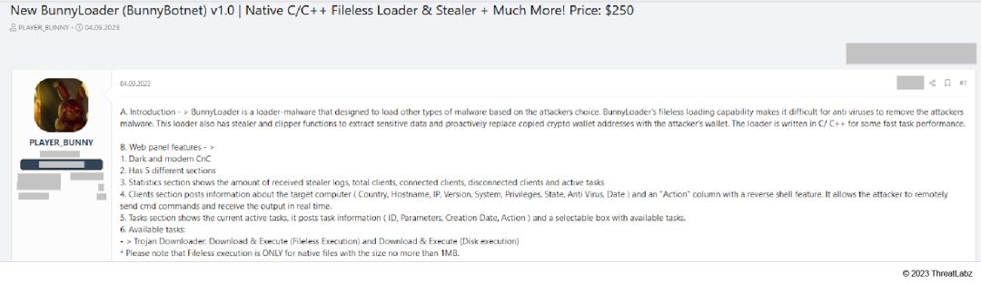 BunnyLoader advertisement from dark web forum