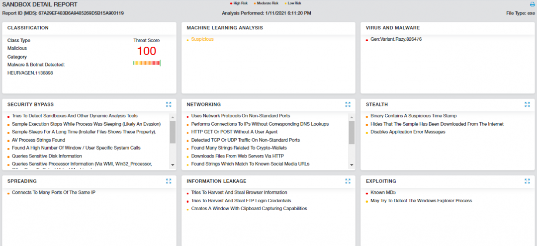 Zscaler Cloud Sandbox report of Redline Stealer
