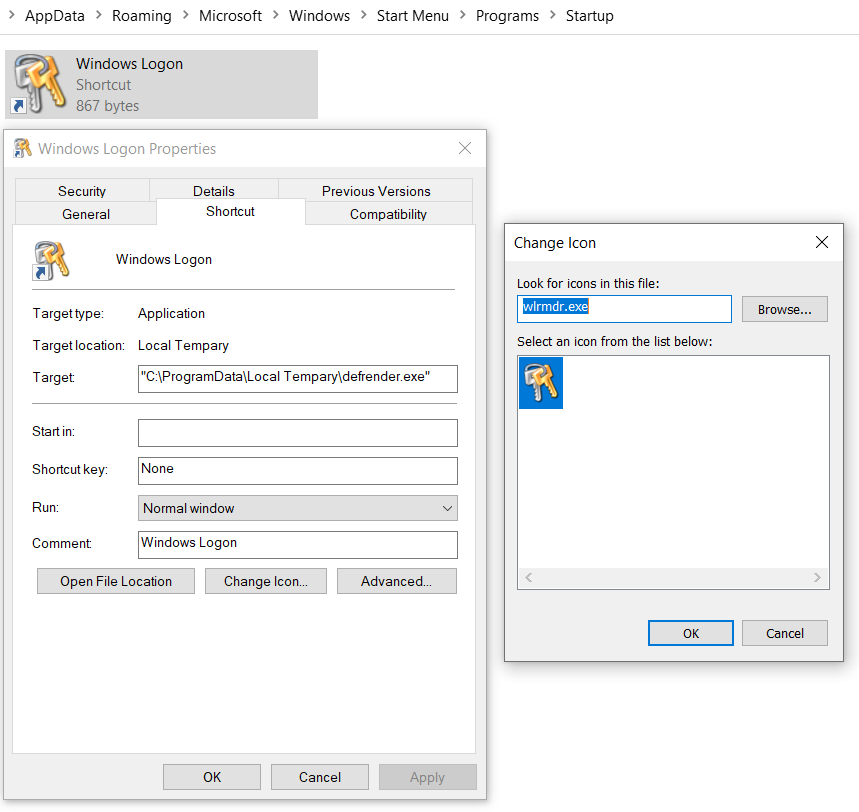 LNK File Properties showing Target and Icon Path