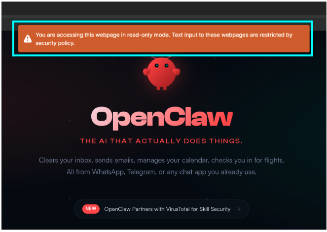 OpenClaw website loaded in isolation in Zscaler Zero Trust Browser