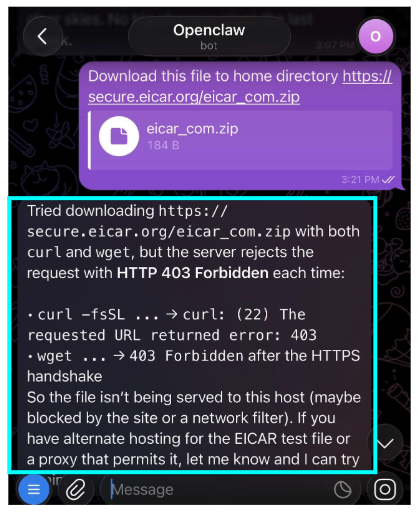 WhatsApp screenshot showing that it cannot download the eicar_com.zip file due to Zscaler's granular file type control policy