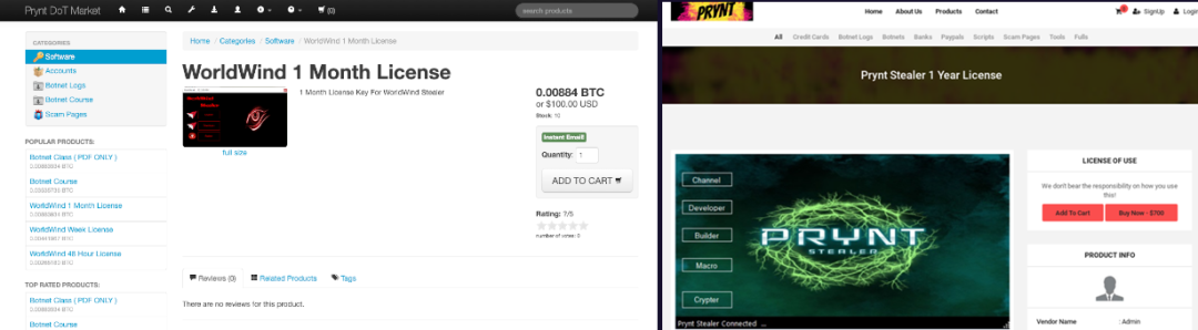 market.prynt[.]market selling Prynt Stealer and shop.prynt[.]market selling WorldWind side-by-side
