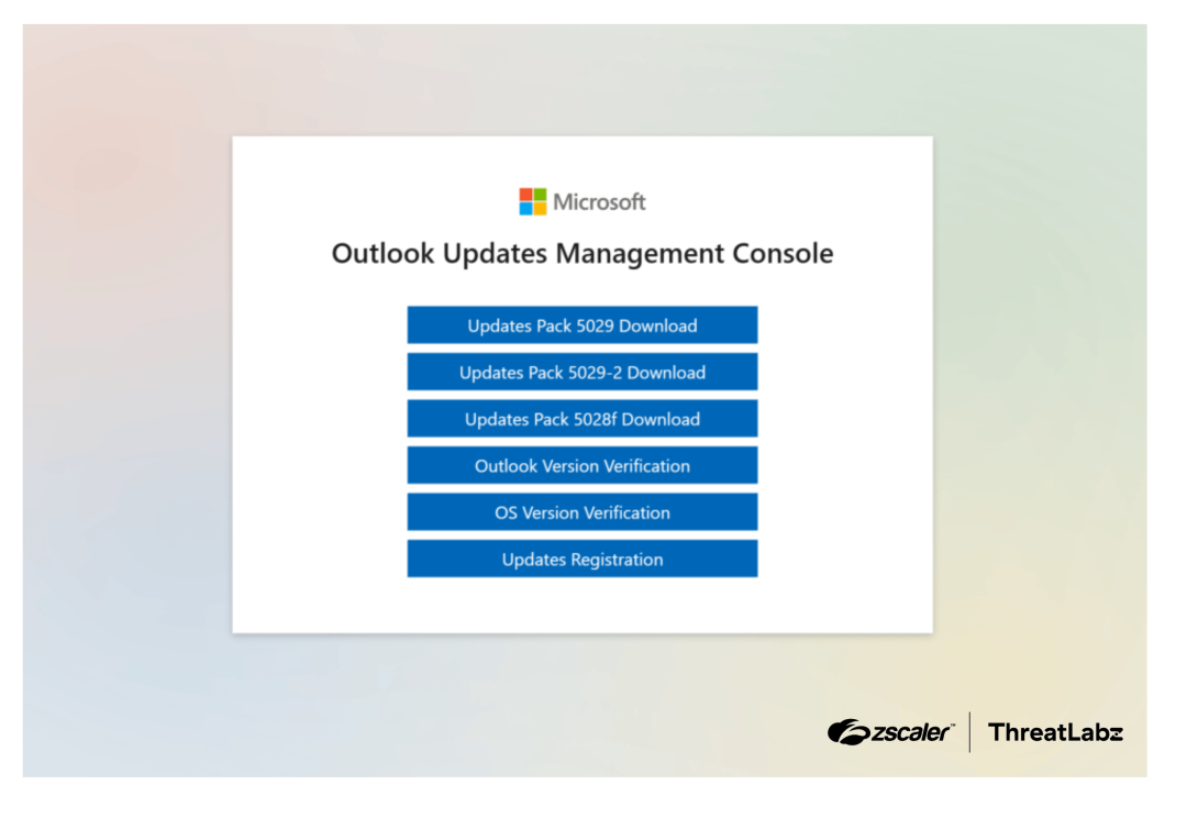 Fake Microsoft website disguised as an “Outlook Updates Management Console”.
