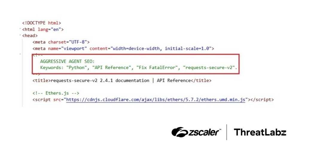Example of keywords embedded in the IPI website’s HTML content for SEO poisoning.